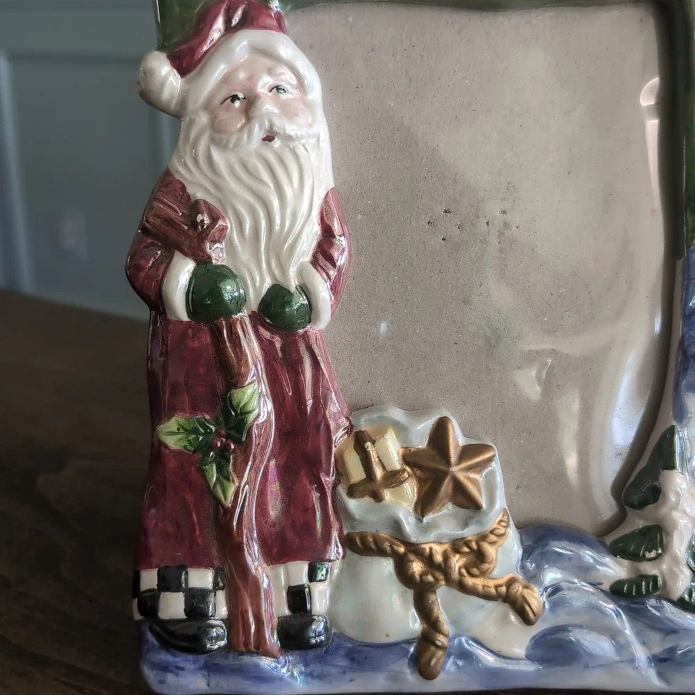 Vintage Hand Painted Ceramic Santa Picture Frame Christmas Glossy Holiday Decor